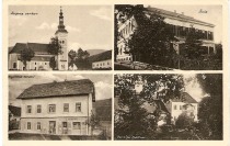 Štiri pomembne stavbe v Kraljevini Jugoslaviji: farna cerkev, šola, Geratičeva trgovina, Penzion Büttner. 
Poslana 13. 4. 1935. title=